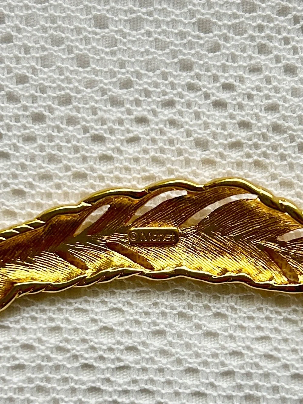 Vintage Monet Goldtone Feather Brooch • 1980s Filigree Pin